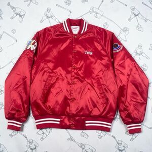 VTG 90s Hockey Bomber Jacket Men LARGE Red Satin Snap‎ Lined USA Canada Patches